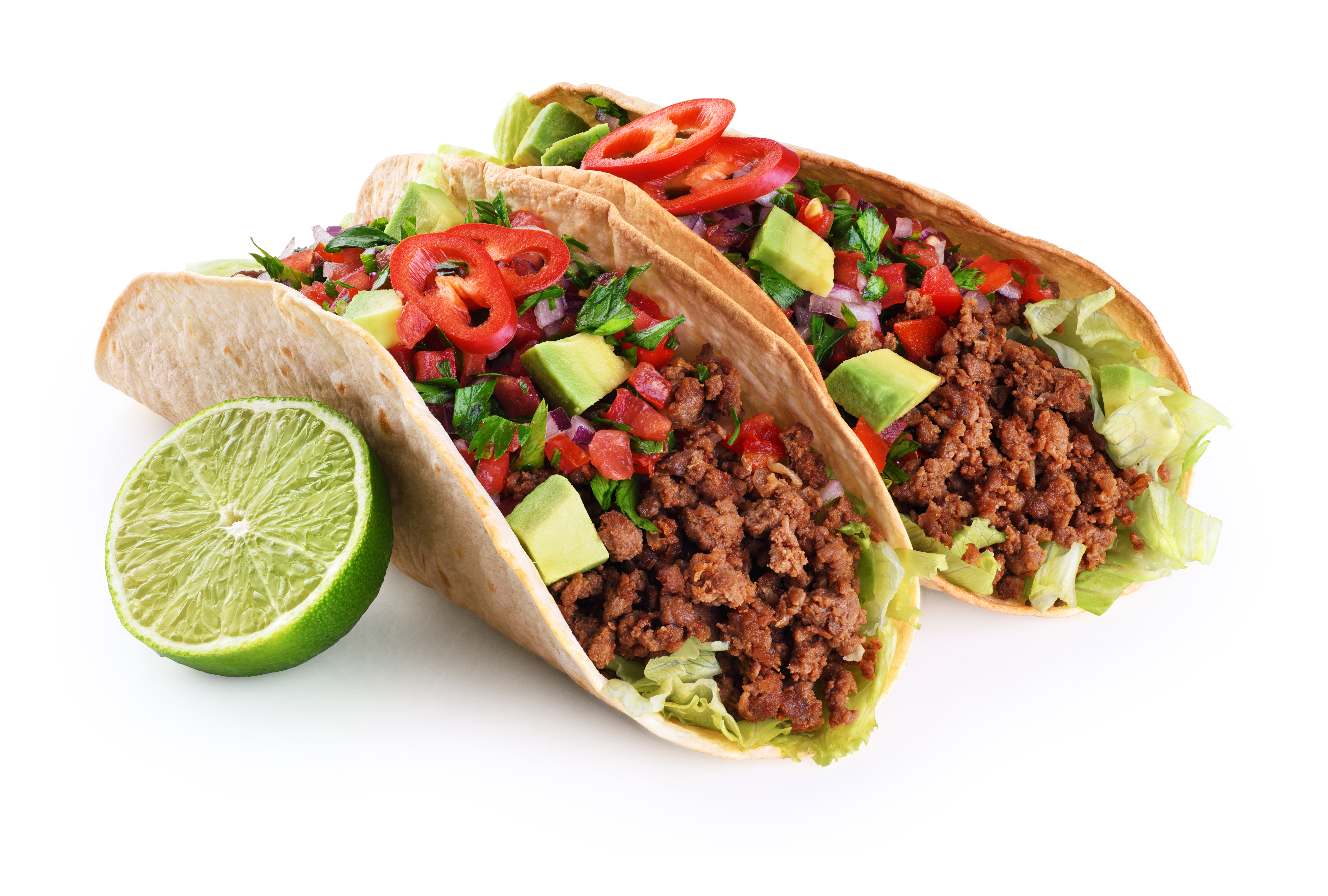 Mexican,Tacos,With,Beef,,Tomatoes,,Avocado,,Chilli,And,Onions